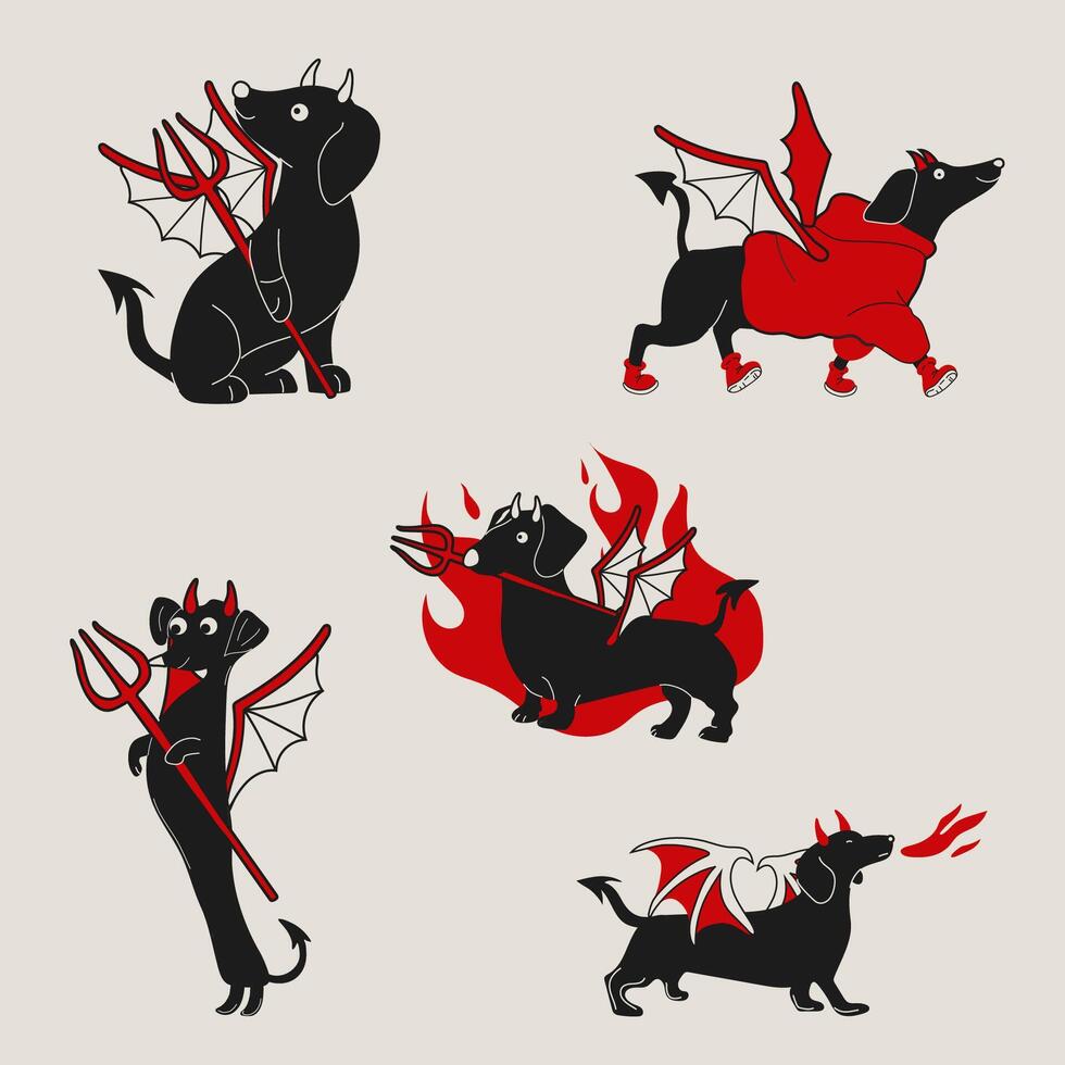 Devil-themed cute dog illustrations vector