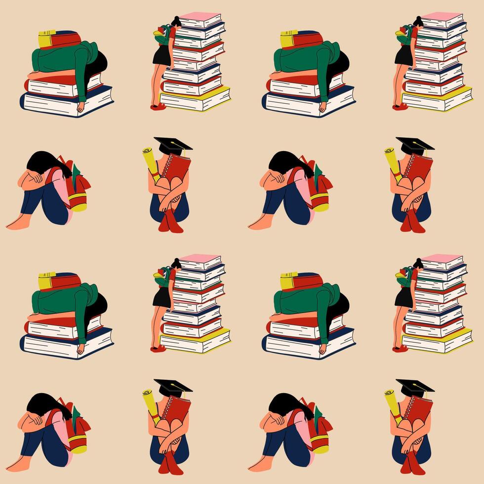 Students studying with stacks of books vector