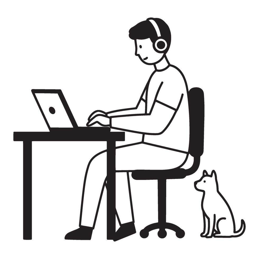 Person working from home with laptop and dog in simple black and white illustration vector