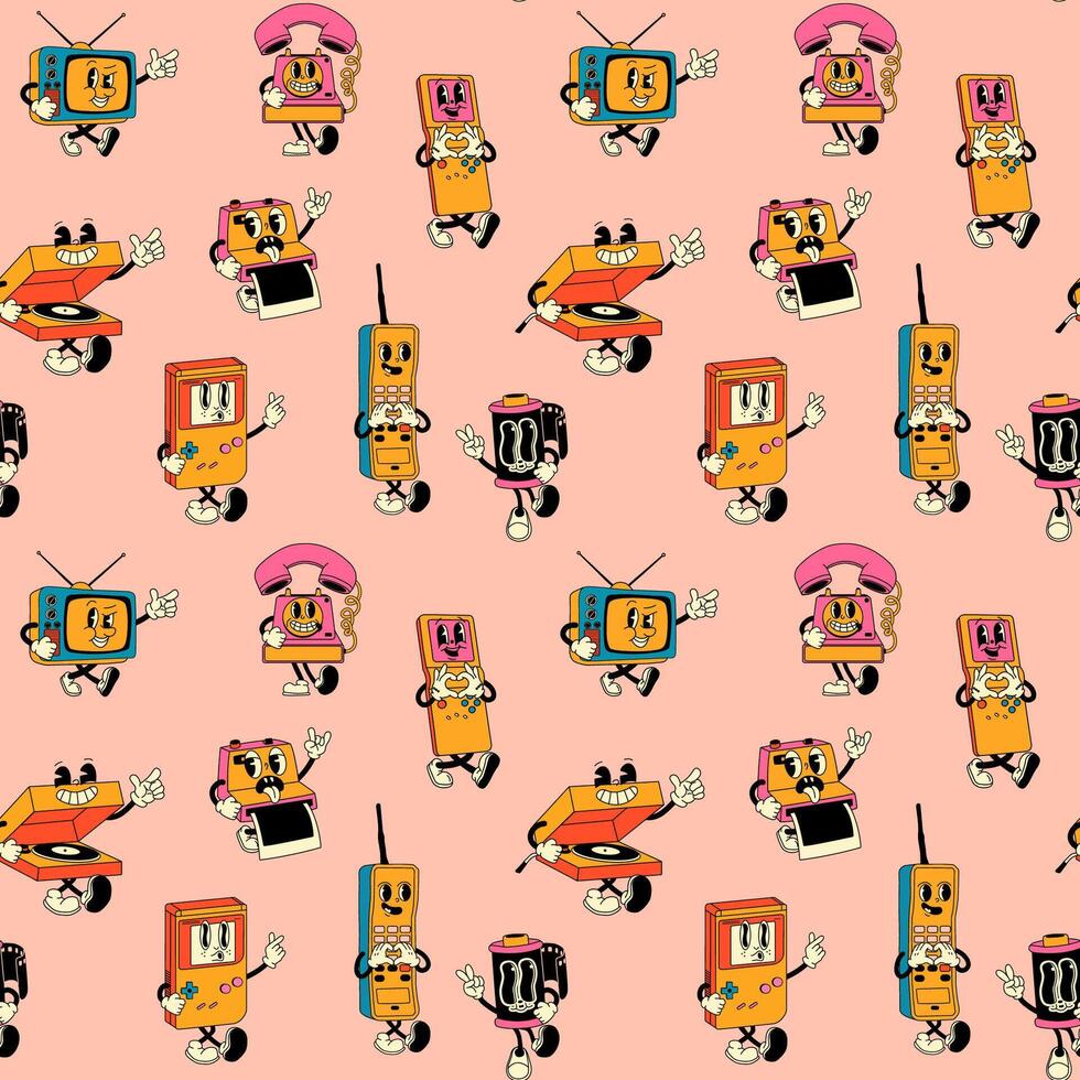 Cartoon pattern of retro technology characters vector