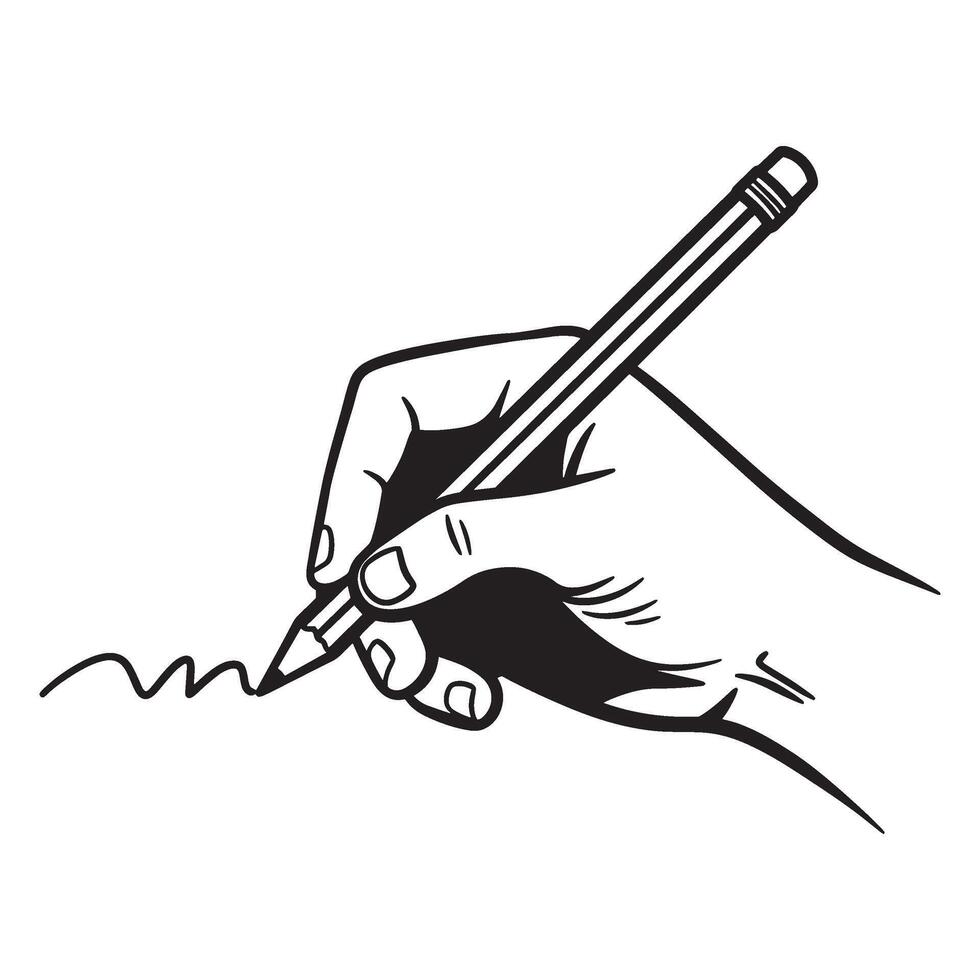 Black and white illustration of a hand writing with a pencil on white background vector