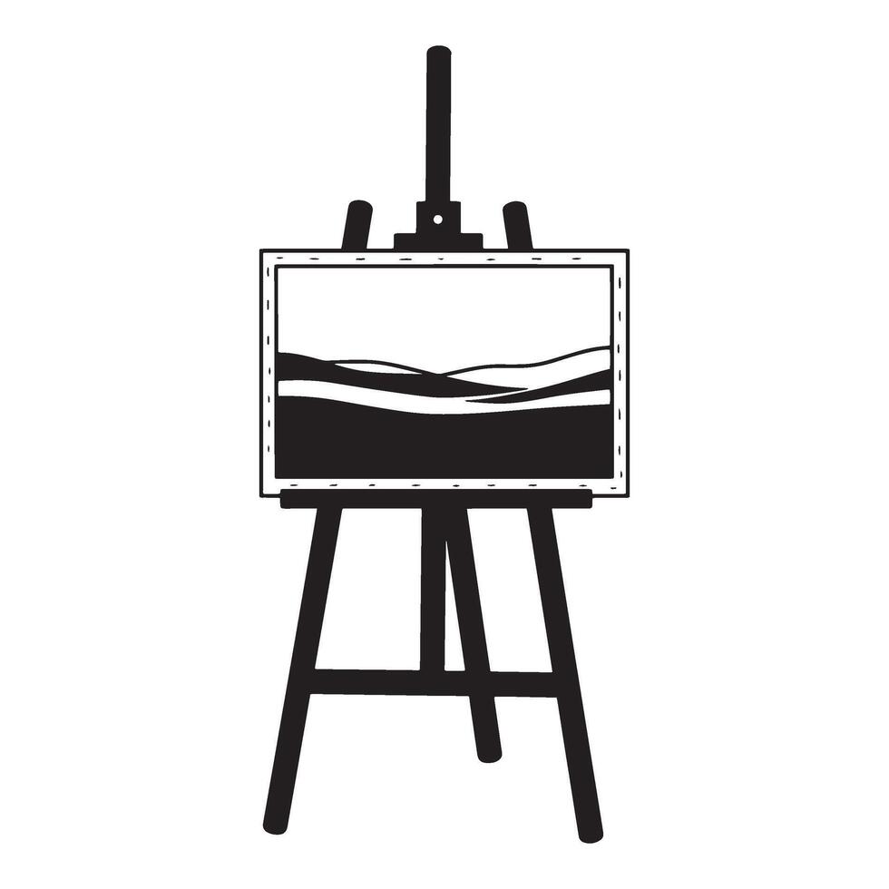 Simple black and white illustration of an easel holding a landscape painting on canvas vector