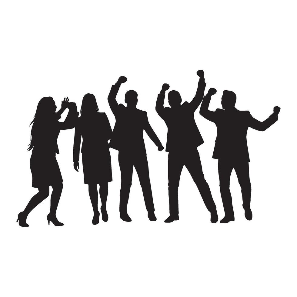 Silhouetted business team celebrating success with raised arms in a white background vector