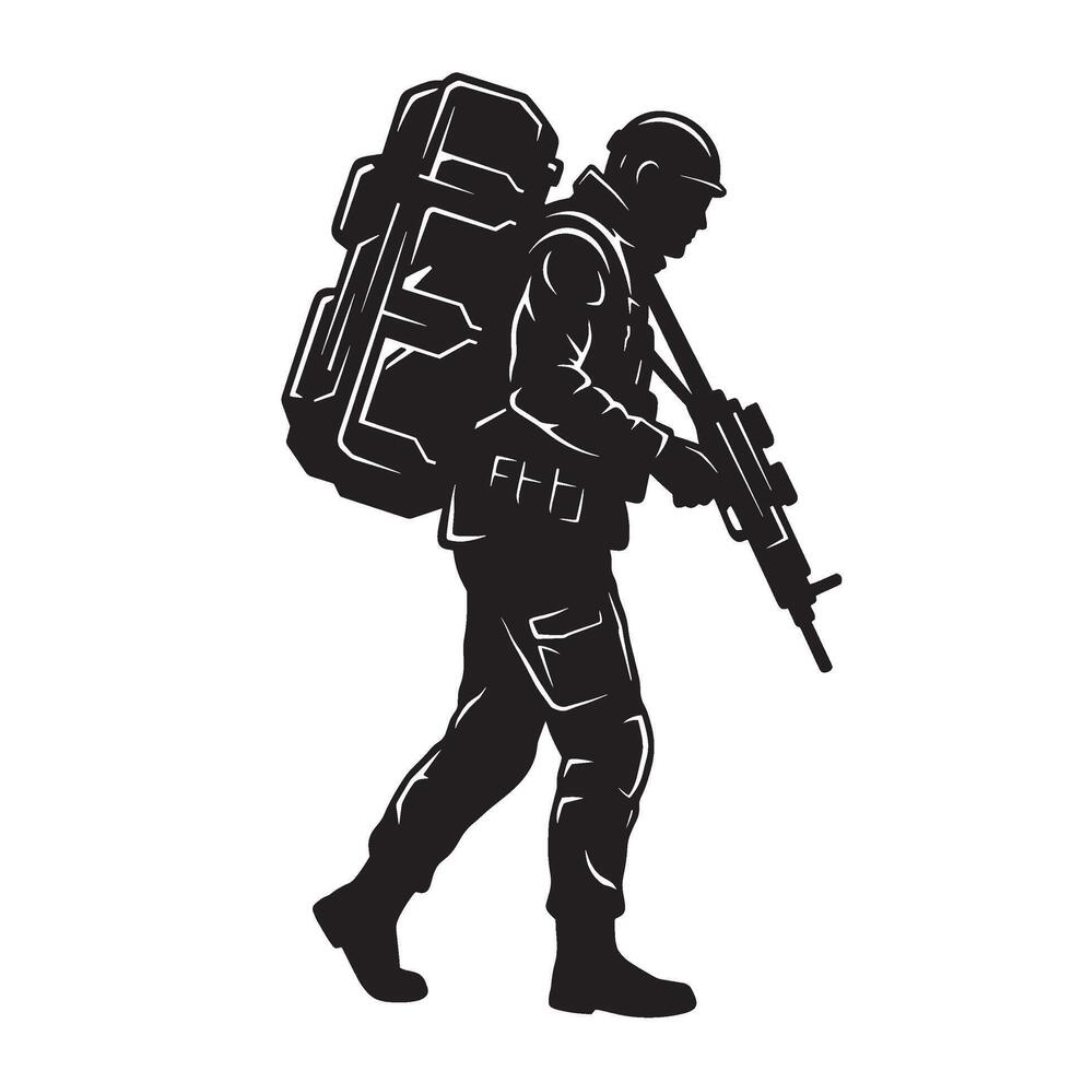 Silhouette of a soldier carrying a backpack and rifle representing military strength and courage vector