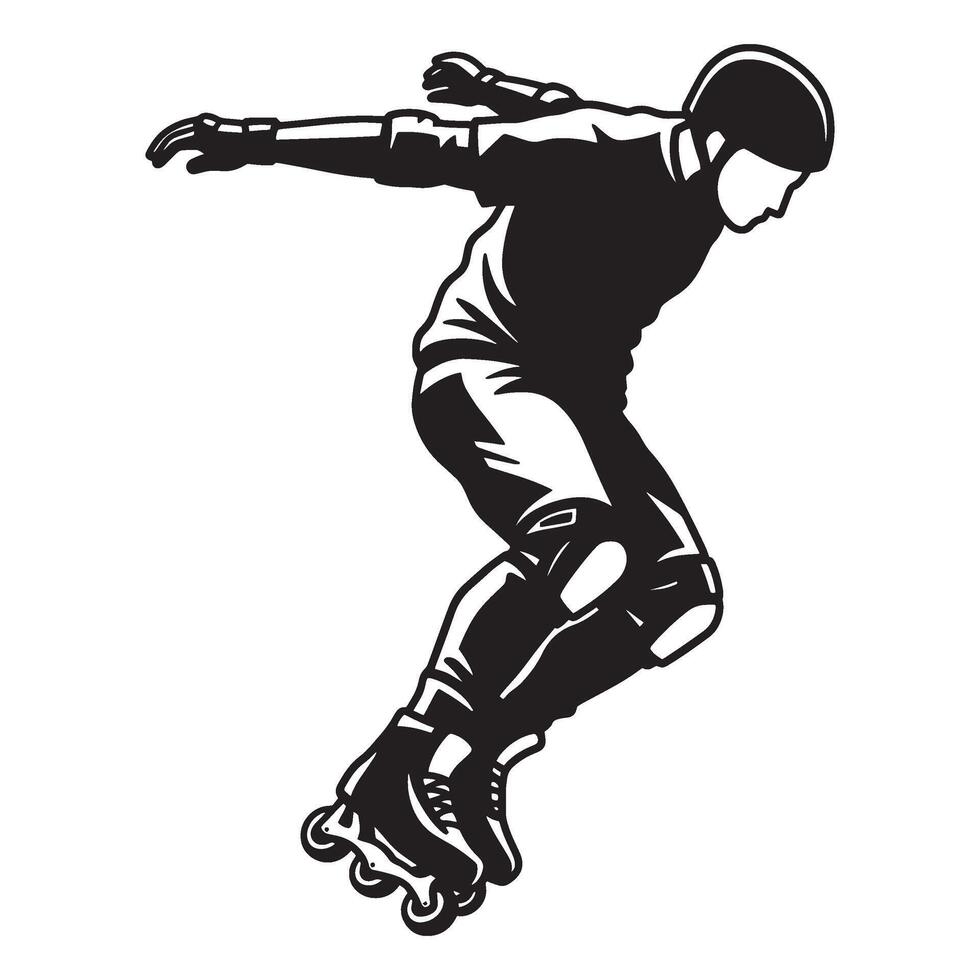 Black and white silhouette of a roller skater in protective gear skating vector