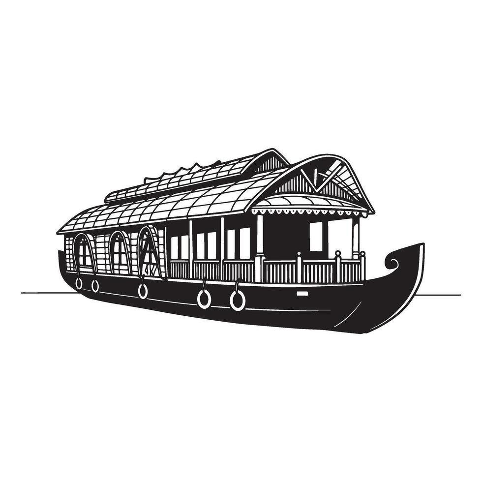 Traditional kerala houseboat illustration in black and white for travel and tourism vector