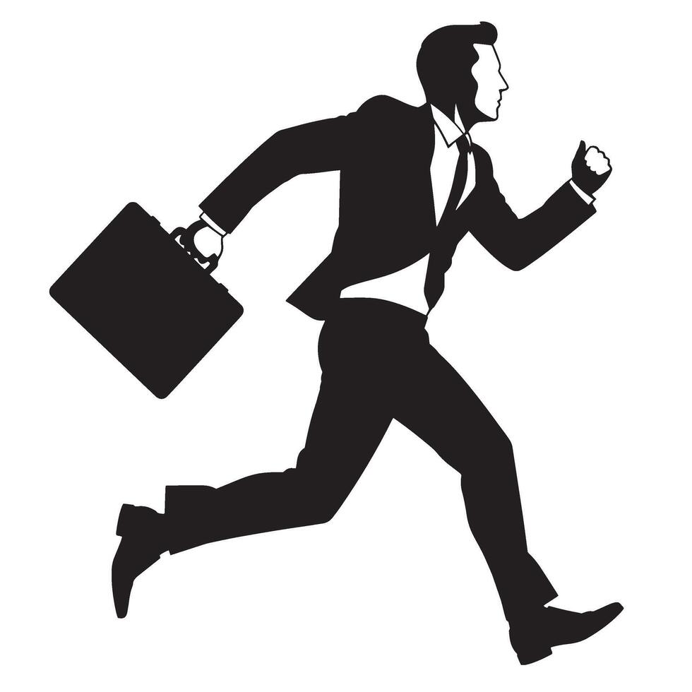 Silhouette illustration of a businessman running forward in a formal suit carrying briefcase vector