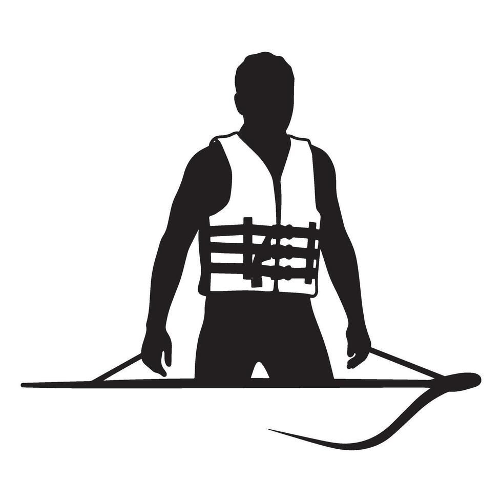 Silhouette of a person wearing a life vest on a boat paddle boarding illustration vector