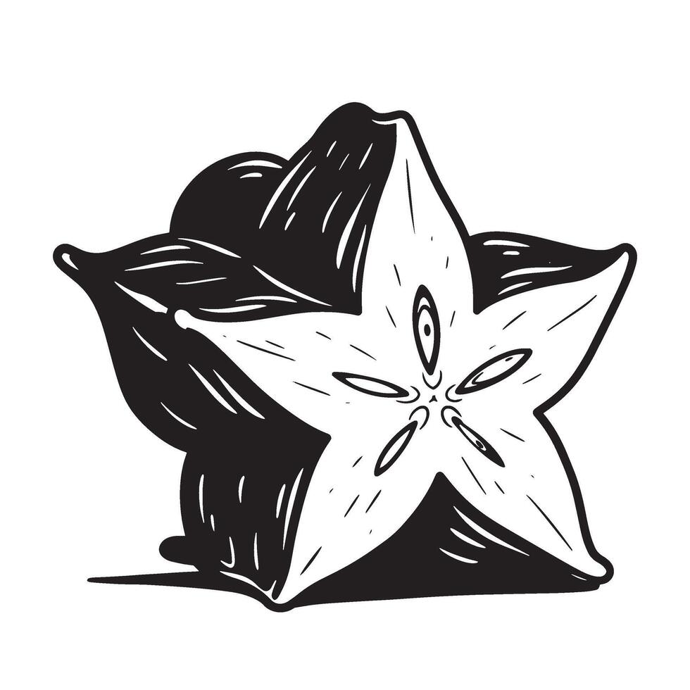 Black and white illustration of a sliced starfruit exotic fruit in a linocut style vector