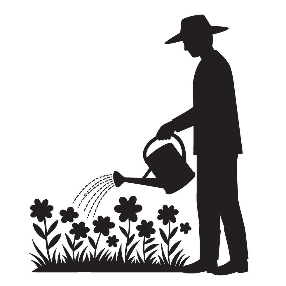 Silhouette of a gardener watering flowers in a garden with a classic style vector