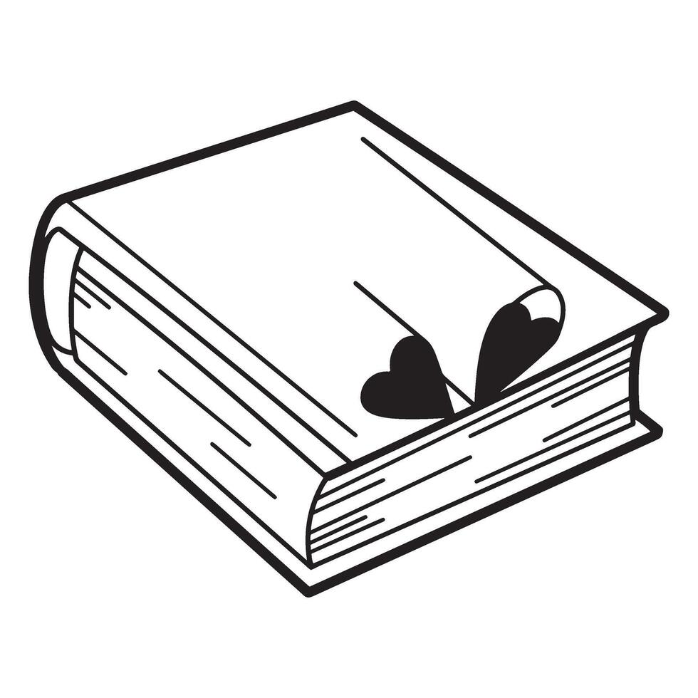 Simple black and white illustration of a book with two heart-shaped bookmarks. vector