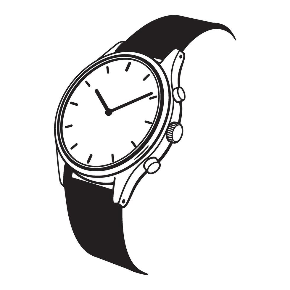 Elegant black and white illustration of a stylish wristwatch with a leather strap design vector
