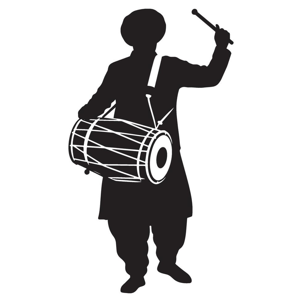 Silhouette of a punjabi dhol drummer playing the traditional indian percussion instrument vector