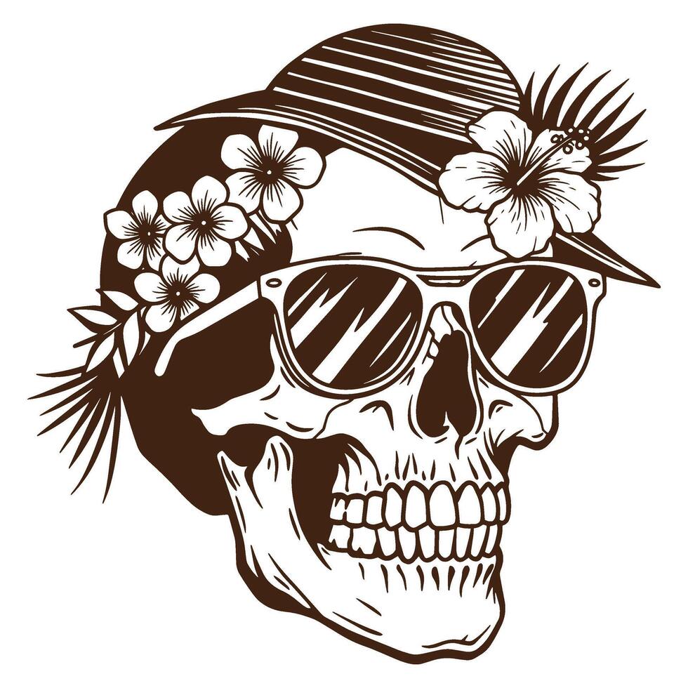 Artistic illustration of a skull wearing sunglasses and a floral hat for summer vibes vector