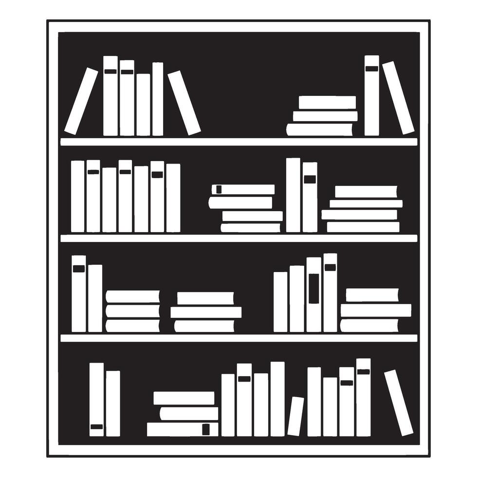 Simple black and white illustration of a bookshelf filled with books and stories vector