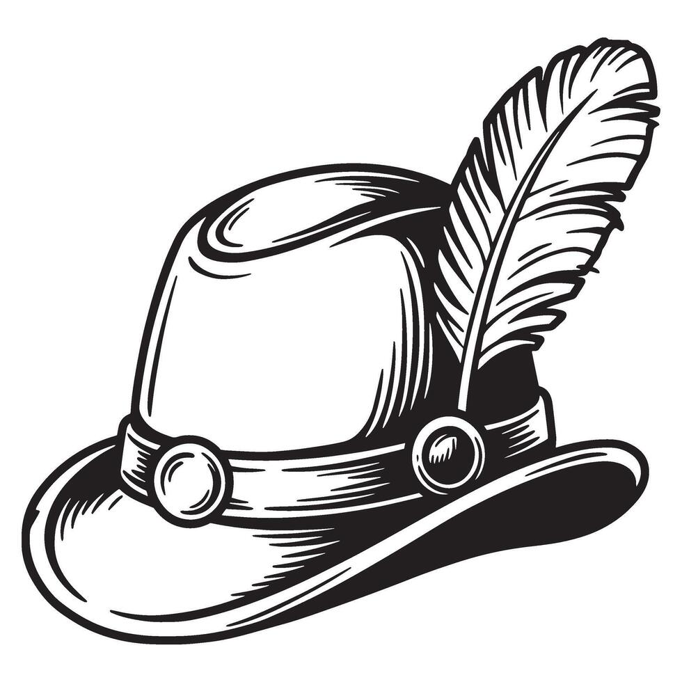 Traditional bavarian hunting hat with feather black and white illustration outline design element vector
