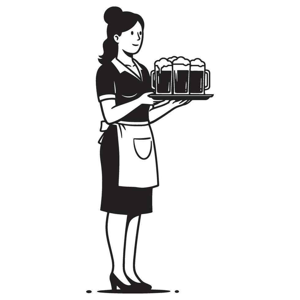 Female server carrying a tray of beer mugs in classic black and white illustration vector