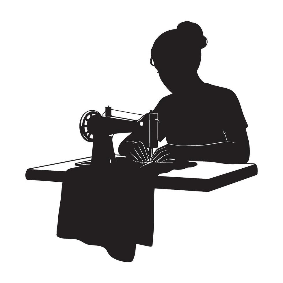 Silhouette of a seamstress at work using a sewing machine creating clothing designs vector