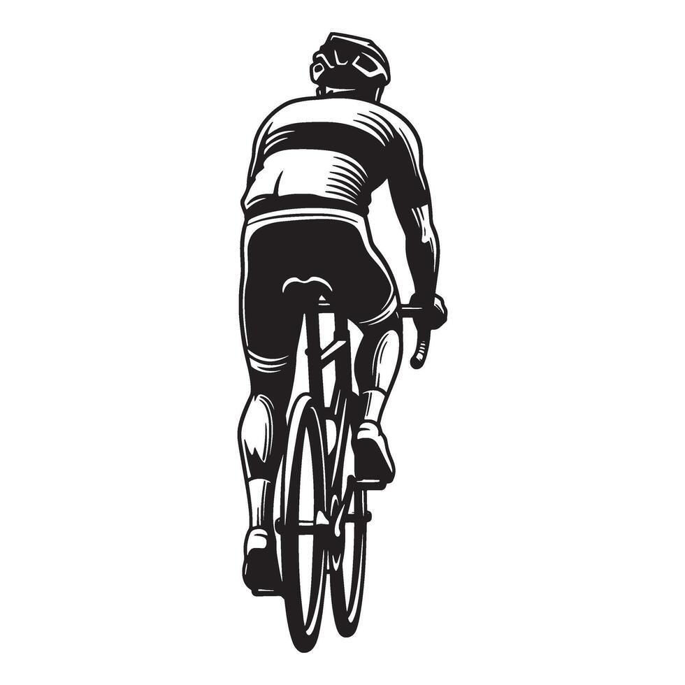 Black and white illustration of a cyclist viewed from the rear on a white background vector