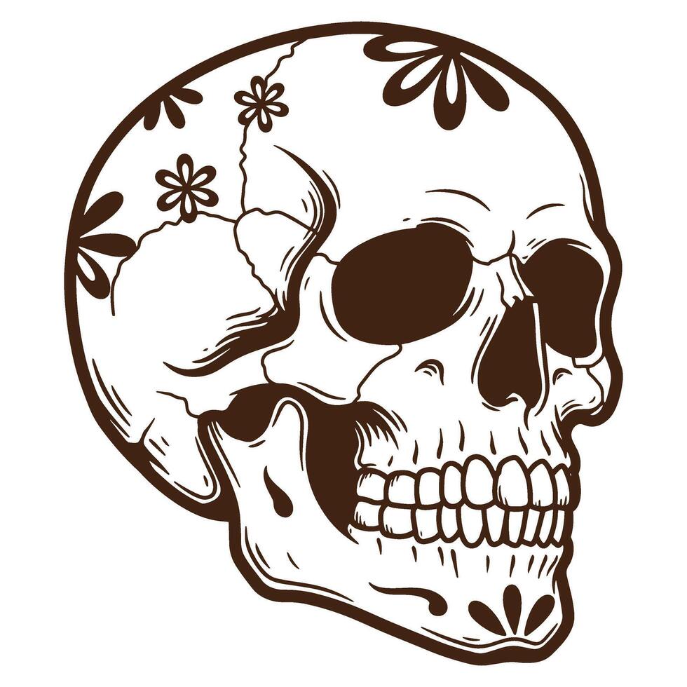Hand drawn skull illustration with floral details for dia de los muertos celebration design vector