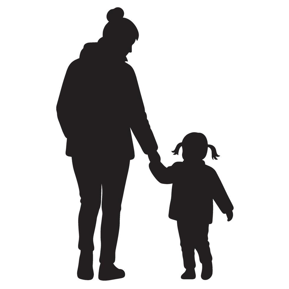 Mother and child walking together holding hands silhouette against white background vector