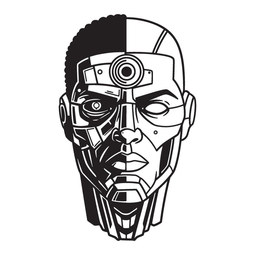 Cyborg portrait illustration black and white futuristic design concept head close up view vector