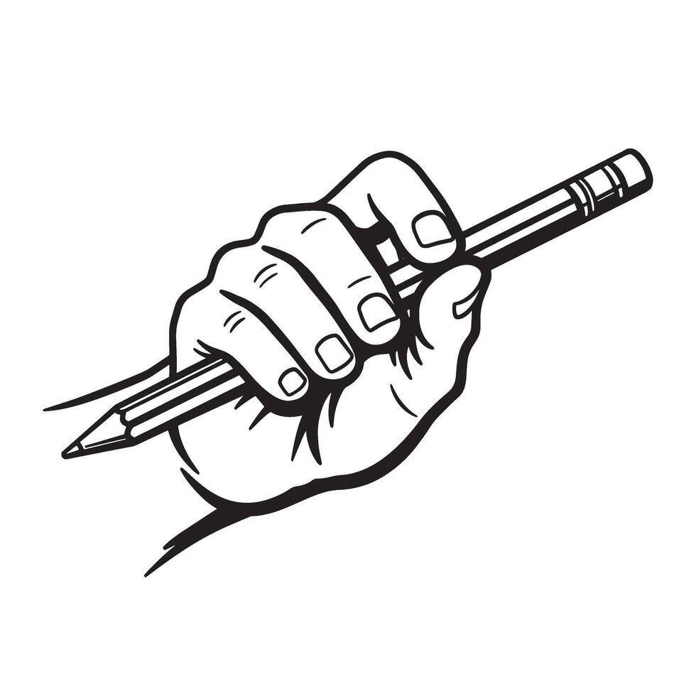 Hand holding a pencil close up graphic art isolated on white background vector