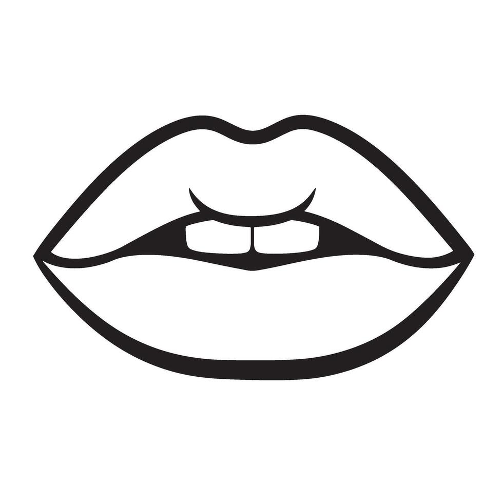 Minimalist outline illustration of open lips showing two teeth in black and white simple design vector