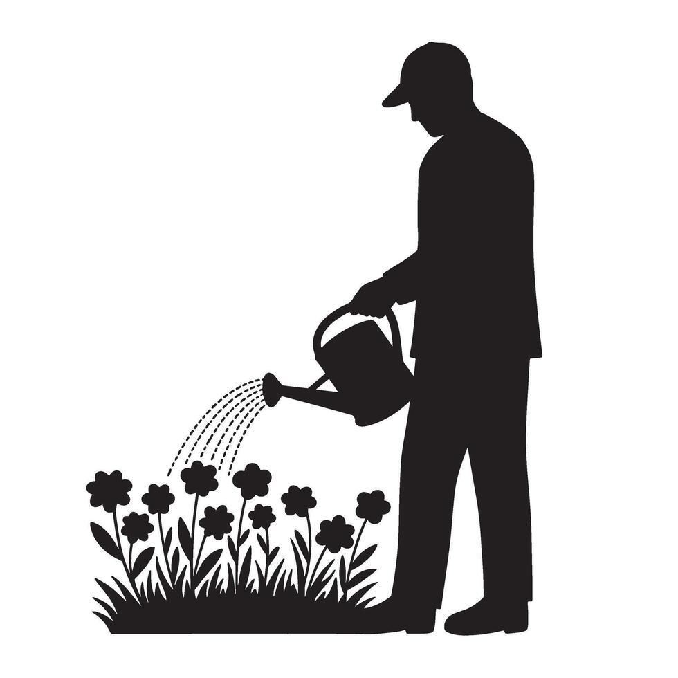 Silhouette of a person watering flowers in a garden with a watering can vector