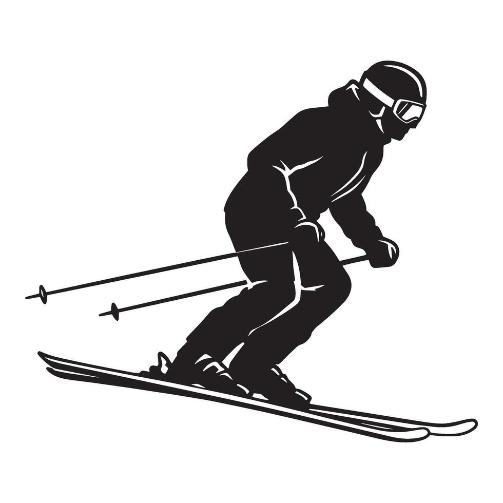 Black and white silhouette of a skier gliding downhill on a white background vector