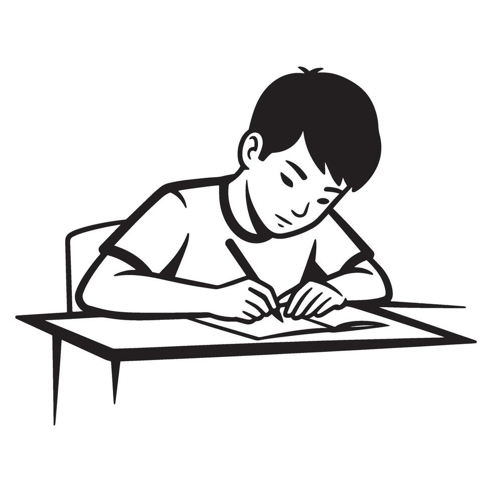 A young boy focusing on writing with a pen on paper at a desk in black and white vector