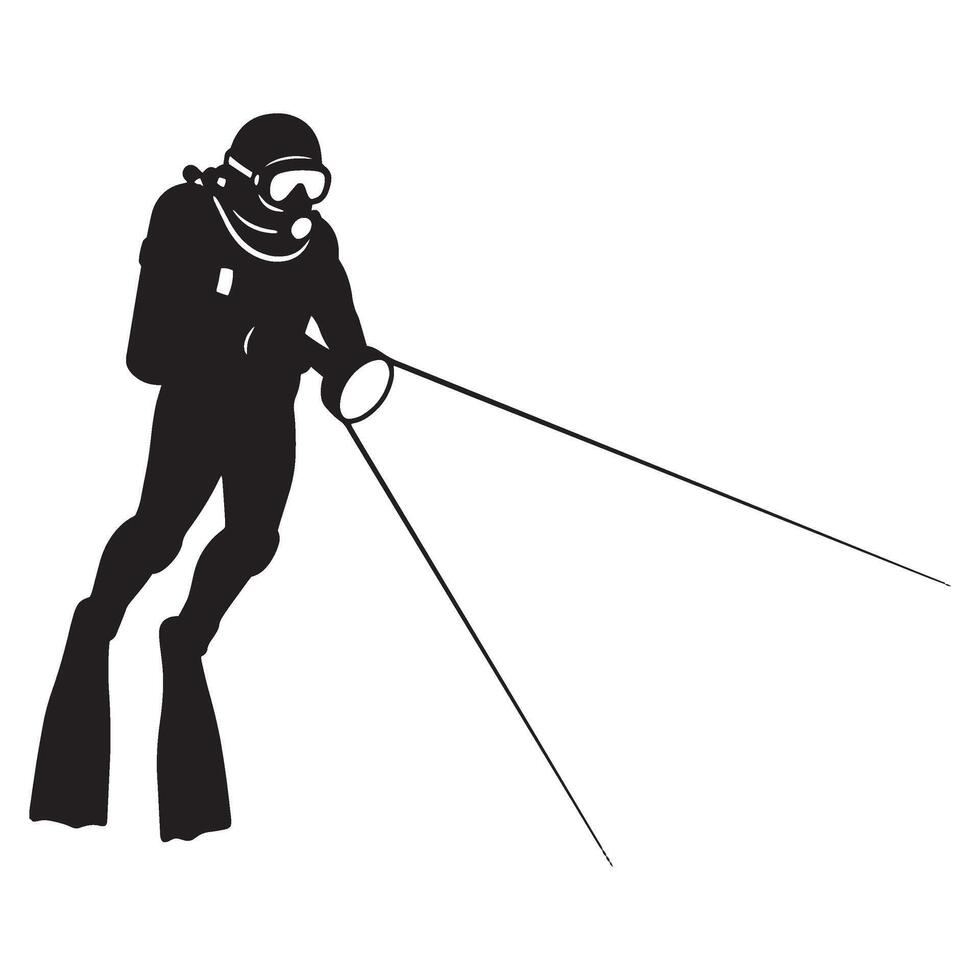 Silhouette diver exploring underwater with a spotlight in a black and white illustration vector