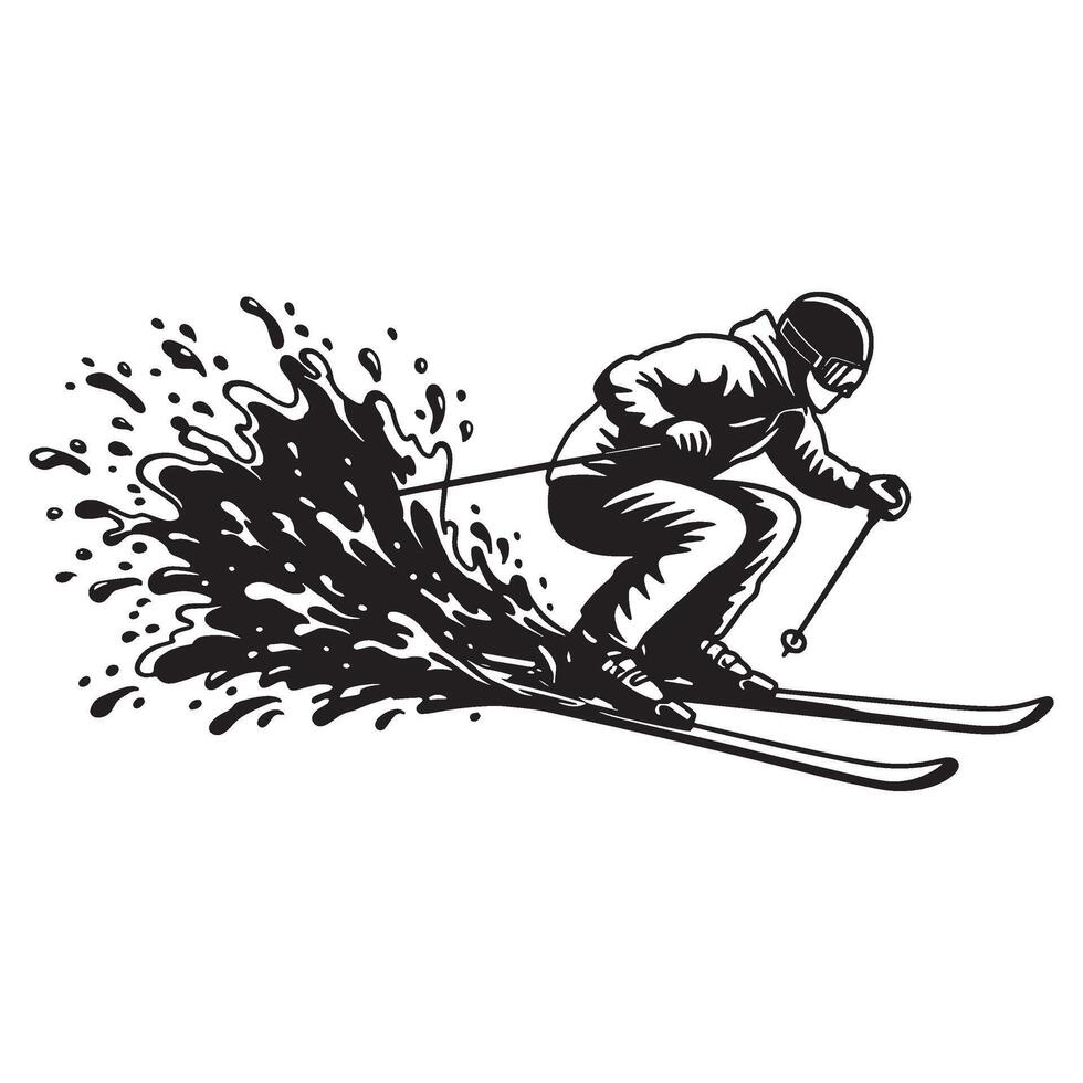 Dynamic black and white illustration of a skier performing a graceful ski turn on the slope vector