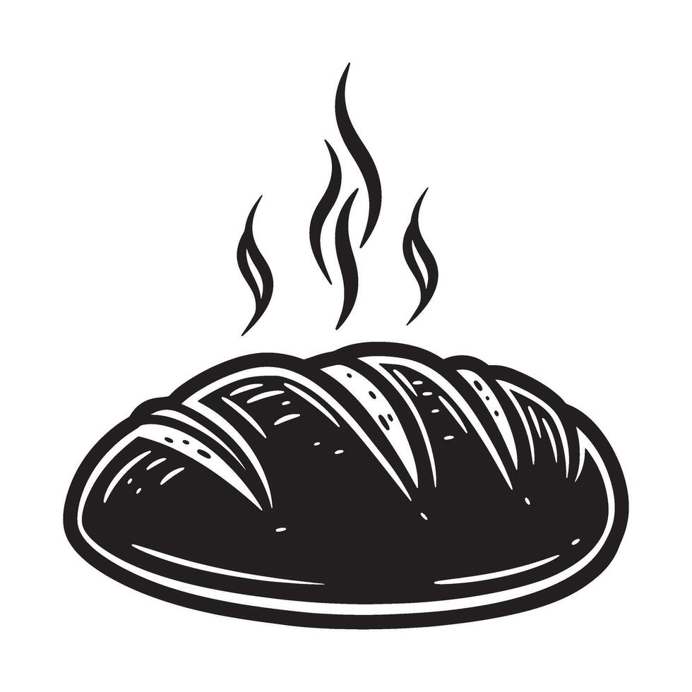 Freshly baked artisan bread with steam emanating hand drawn black and white illustration vector