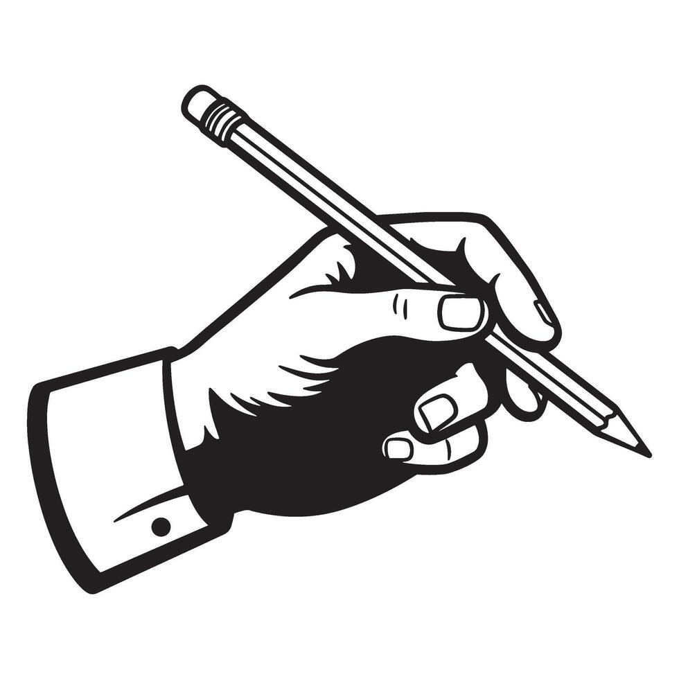 Black and white illustration of a hand holding a pencil ready to write or draw vector