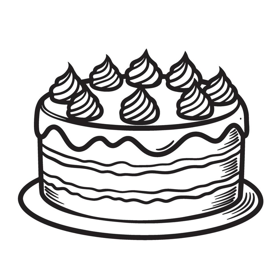 Hand drawn illustration of a birthday cake with frosting swirls on top for celebration. vector