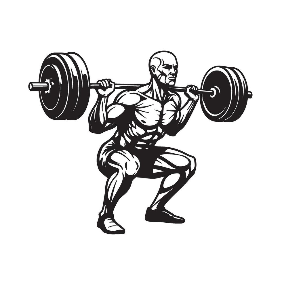Strong bodybuilder performing squat exercise lifting heavy barbell in black and white vector