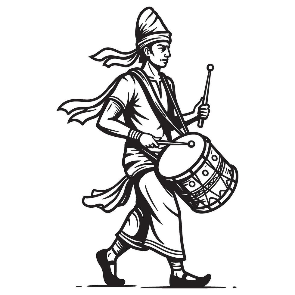 Traditional drummer in festive attire performing while walking isolated black and white vector