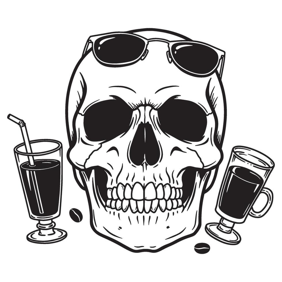 Skull wearing sunglasses with coffee drinks and coffee beans illustration vector