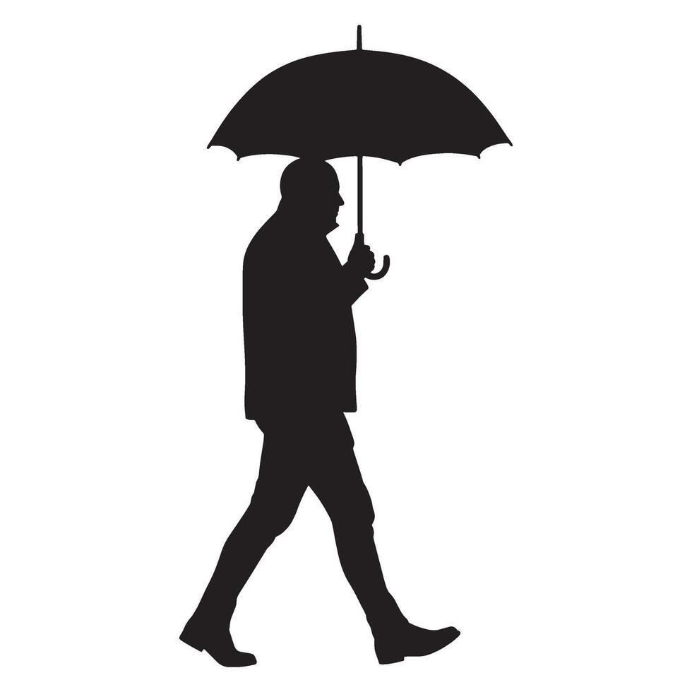 Silhouette of a person walking under an umbrella isolated on a white background vector