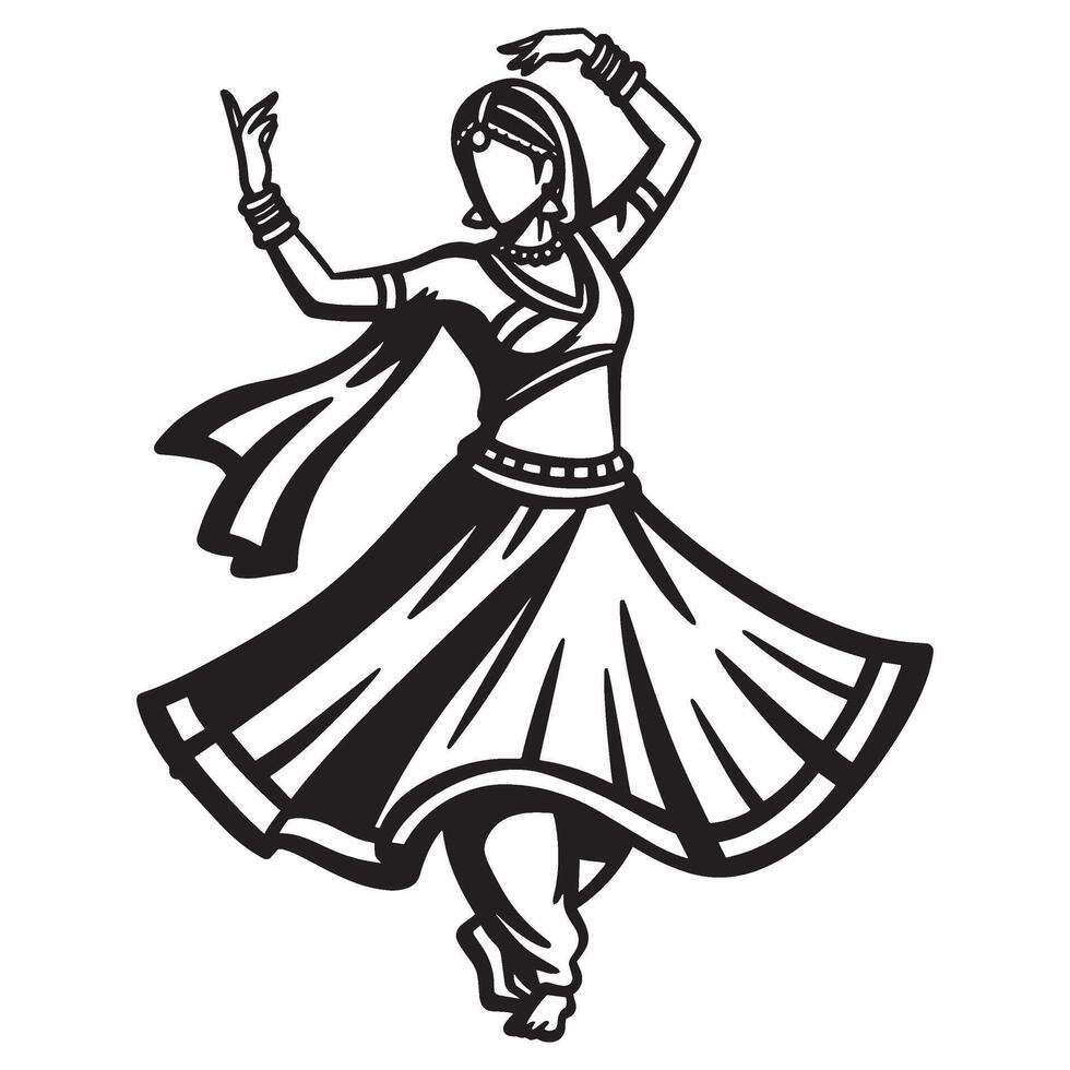 Elegant black and white silhouette depicting a graceful indian classical dancer in motion vector