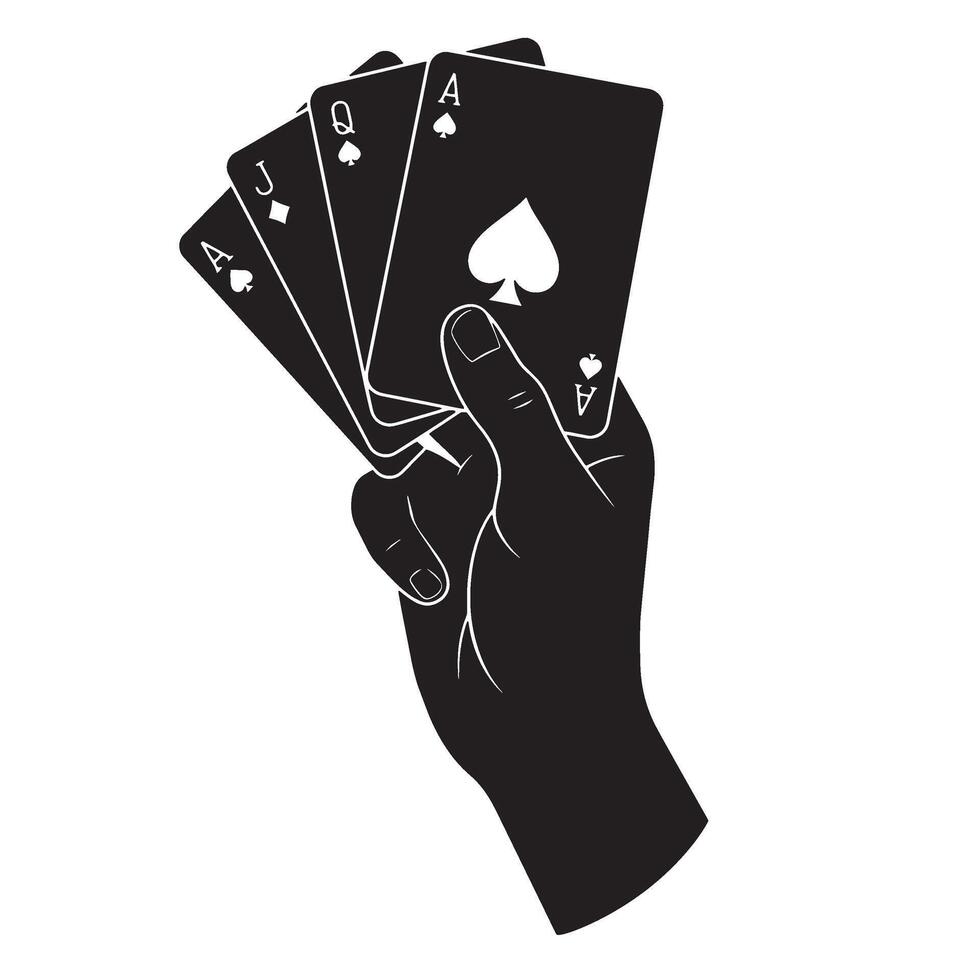 Black and white illustration of a hand holding playing cards of various suits vector