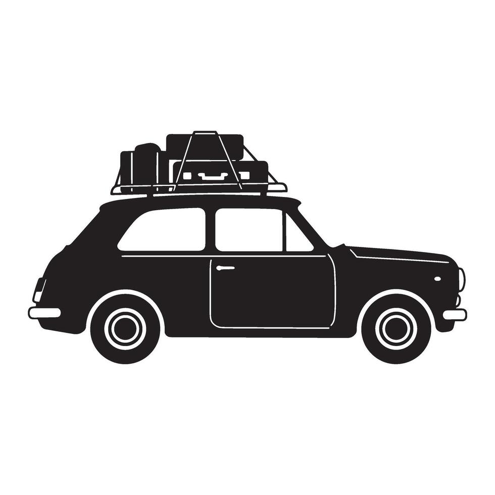 Black and white illustration of a vintage car ready for a road trip vacation with luggage vector
