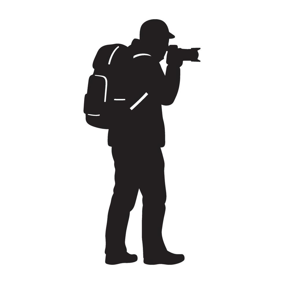 Silhouette of a photographer exploring and capturing pictures outdoors with a camera and backpack vector
