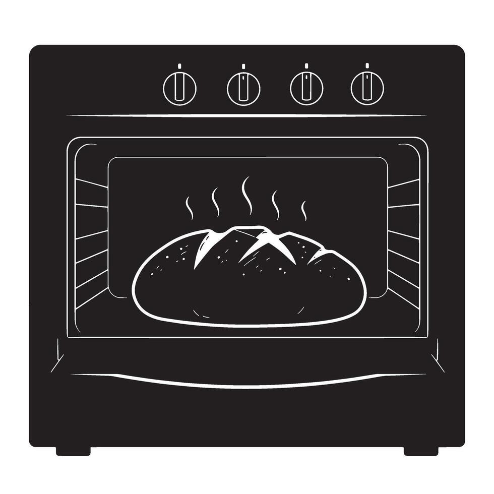 Baked bread in oven silhouette illustration representing cooking and delicious fresh food vector