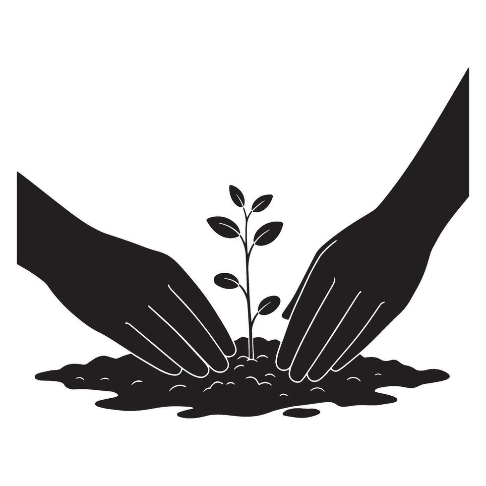 Hands tending to a young plant growing in the soil illustration for environmental concepts vector