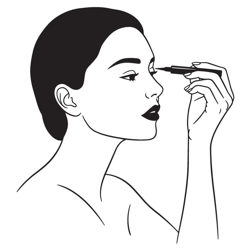 Elegant woman applying eyeliner in black and white illustration of makeup vector