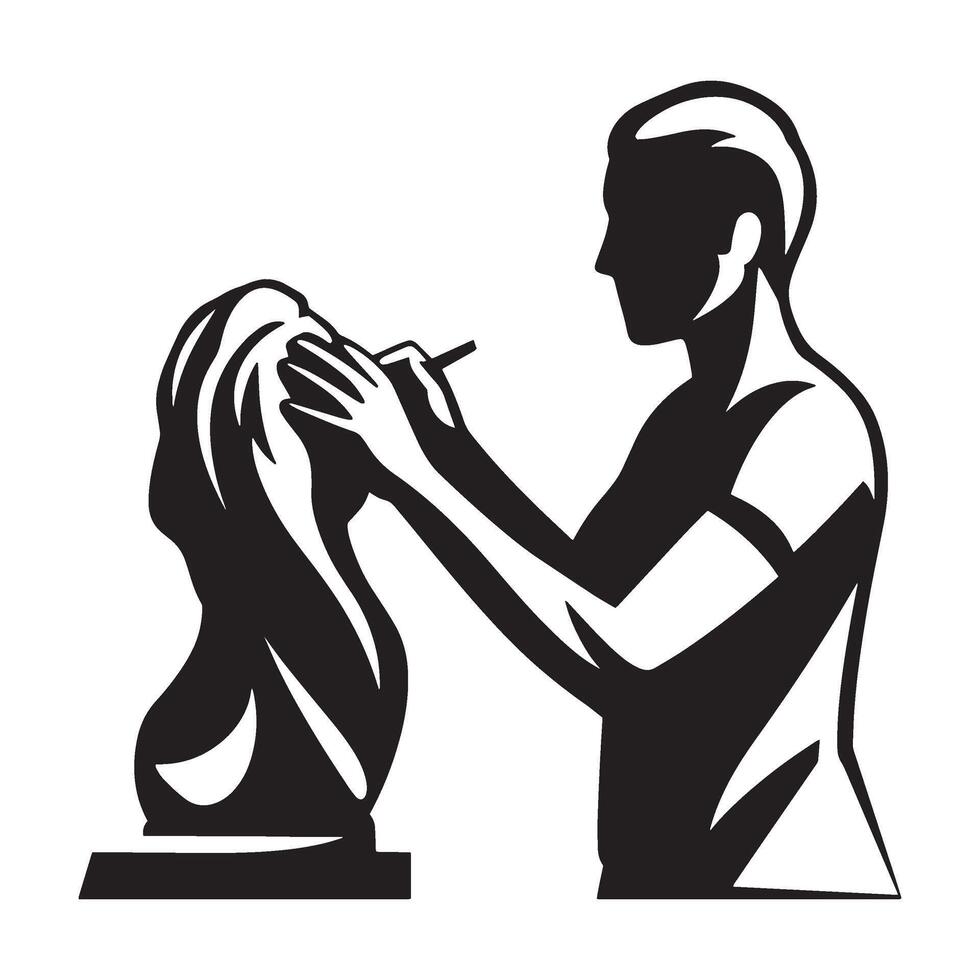 Silhouette illustration of a sculptor working on a stone bust with artistic detail vector