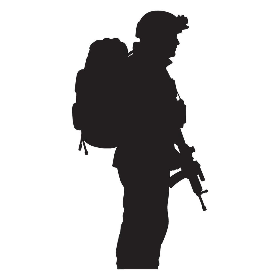 Silhouette of a fully equipped soldier carrying backpack and holding rifle standing in profile vector