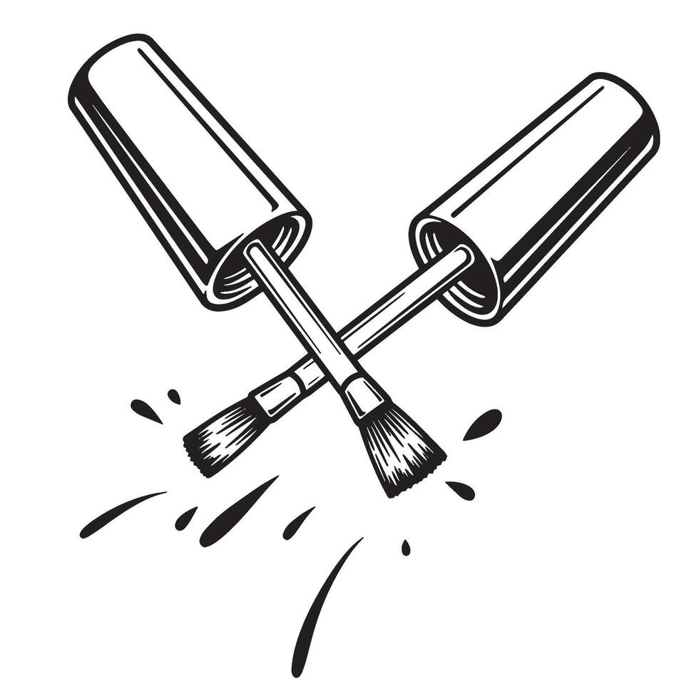 Crossed nail polish brushes with splashes and spills illustrating manicure design elements vector